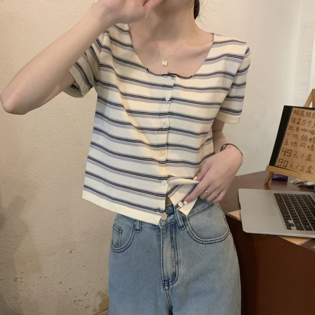 NUZIRO  Áo Dệt Kim Ngắn Tay Cổ Vuông Họa Tiết Kẻ Sọc Màu Tương Phản Phong Cách Hàn Quốc