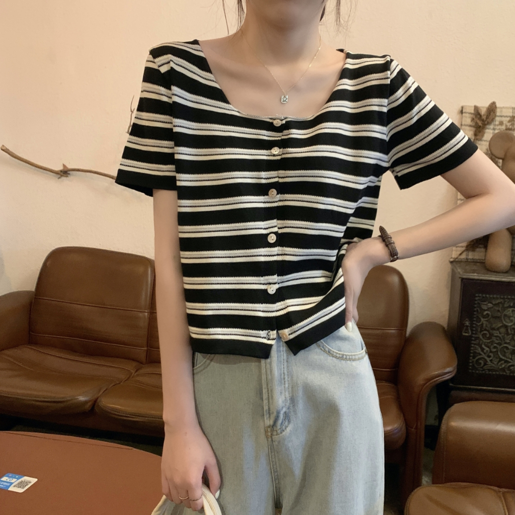 NUZIRO  Áo Dệt Kim Ngắn Tay Cổ Vuông Họa Tiết Kẻ Sọc Màu Tương Phản Phong Cách Hàn Quốc