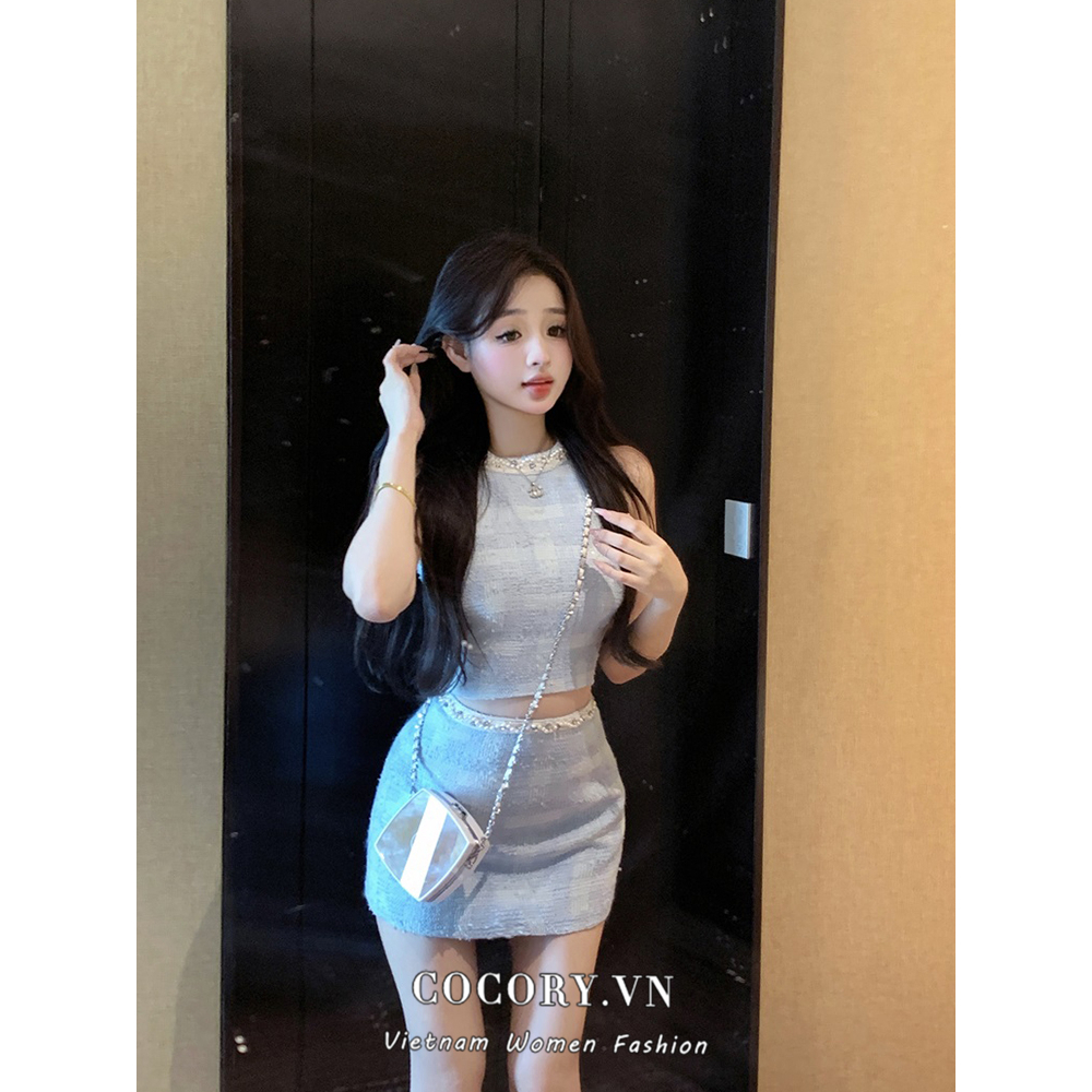 Cocory vn Áo Croptop Sát Nách Dáng Ôm Đính Ngọc Trai Quyến Rũ Thời Trang Cho Nữ