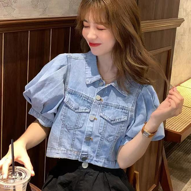 Áo Sơ Mi Denim Ngắn Dáng Rộng Tay Phồng Phong Cách Cổ Điển Thời Trang Mới Cho Nữ