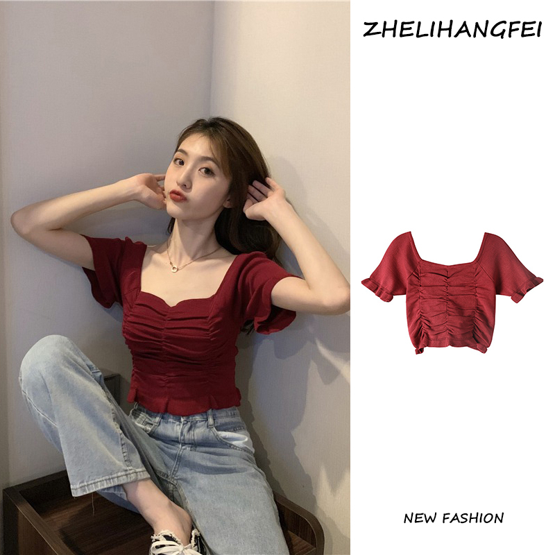 ZHELIHANGFEI Áo Kiểu Tay Phồng Ngắn Cổ Vuông Phong Cách Pháp Ngọt Ngào Cho Nữ