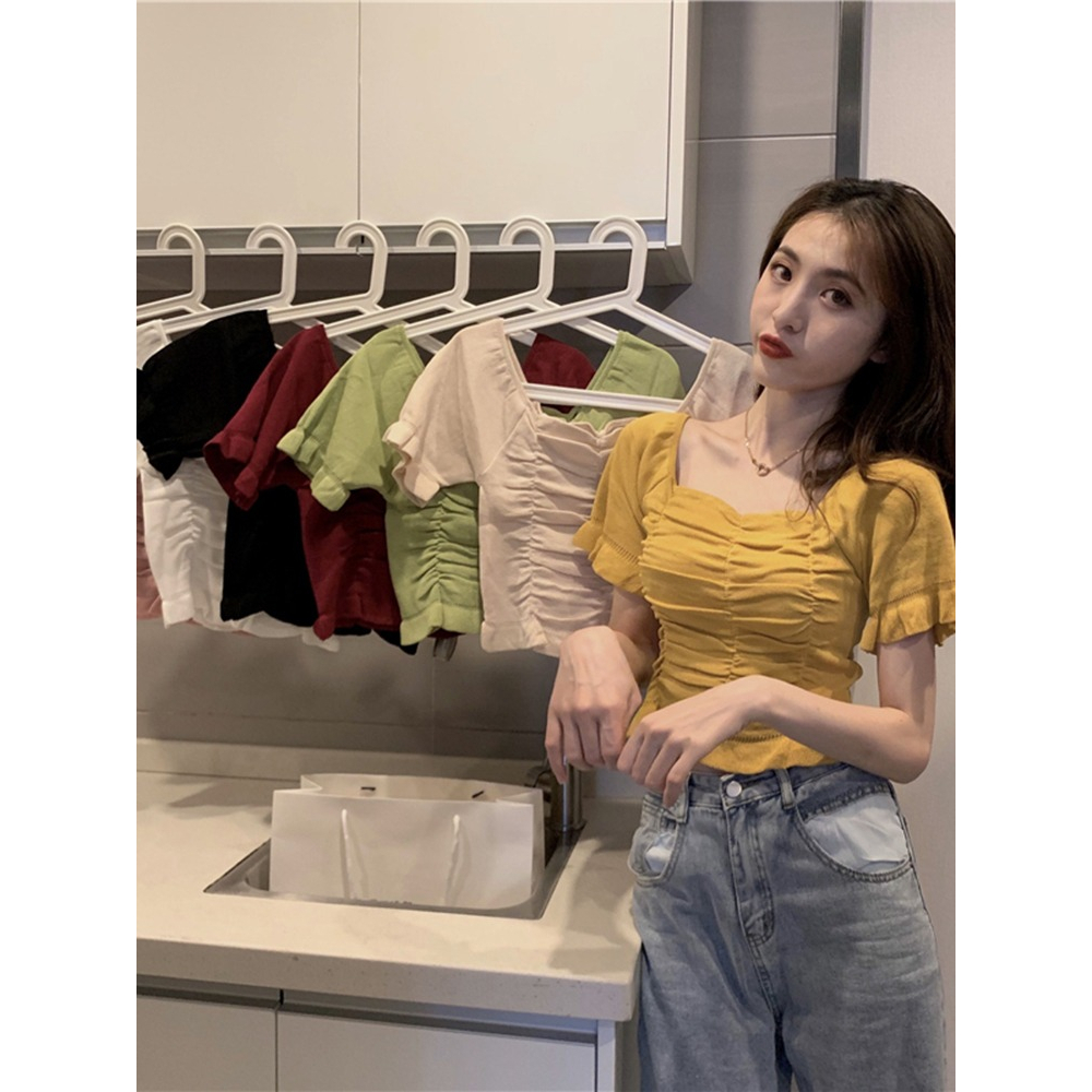 ZHELIHANGFEI Áo Kiểu Tay Phồng Ngắn Cổ Vuông Phong Cách Pháp Ngọt Ngào Cho Nữ