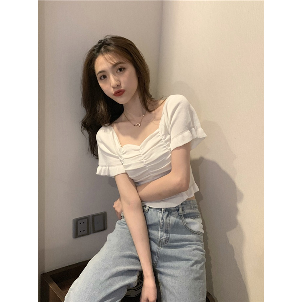ZHELIHANGFEI Áo Kiểu Tay Phồng Ngắn Cổ Vuông Phong Cách Pháp Ngọt Ngào Cho Nữ