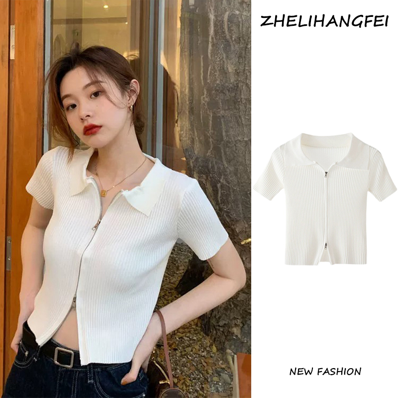 Áo Cardigan Dệt Kim Tay Ngắn Hai Đầu Có Khóa Kéo Phong Cách Mới Cho Nữ