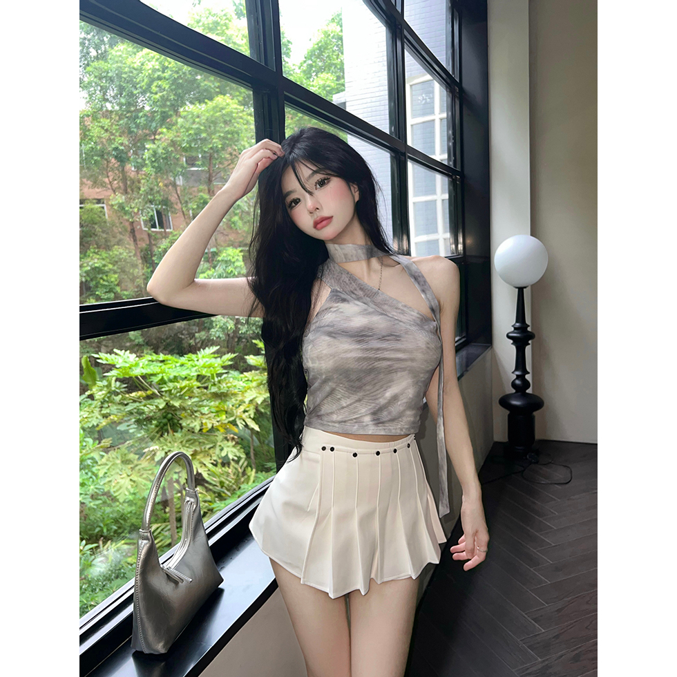 Lalisas Áo Hai Dây Dáng Ngắn Ôm Sát Nhuộm Màu Cổ Điển Quyến Rũ Không Gây Chóng Mặt Dành Cho Bạn Nữ