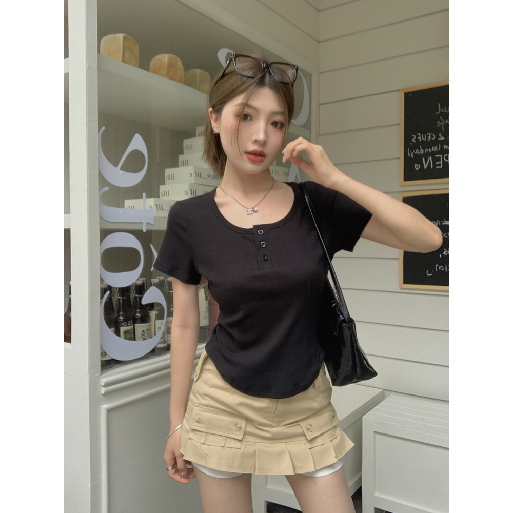Áo Thun Tay Ngắn Cổ Tròn Dáng Ôm Phong Cách Hàn Quốc Thời Trang Cho Nữ