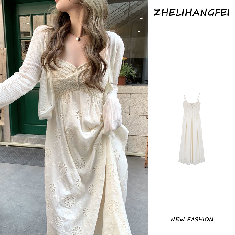 ZHELIHANGFEI Set Đầm Hai Dây Và Áo Khoác Thời Trang Pháp Thanh Lịch Cho Nữ