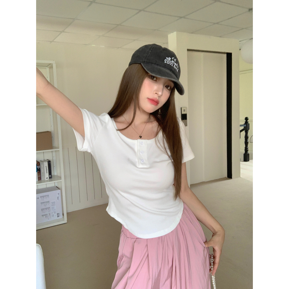 Áo Thun Tay Ngắn Cổ Tròn Dáng Ôm Phong Cách Hàn Quốc Thời Trang Cho Nữ