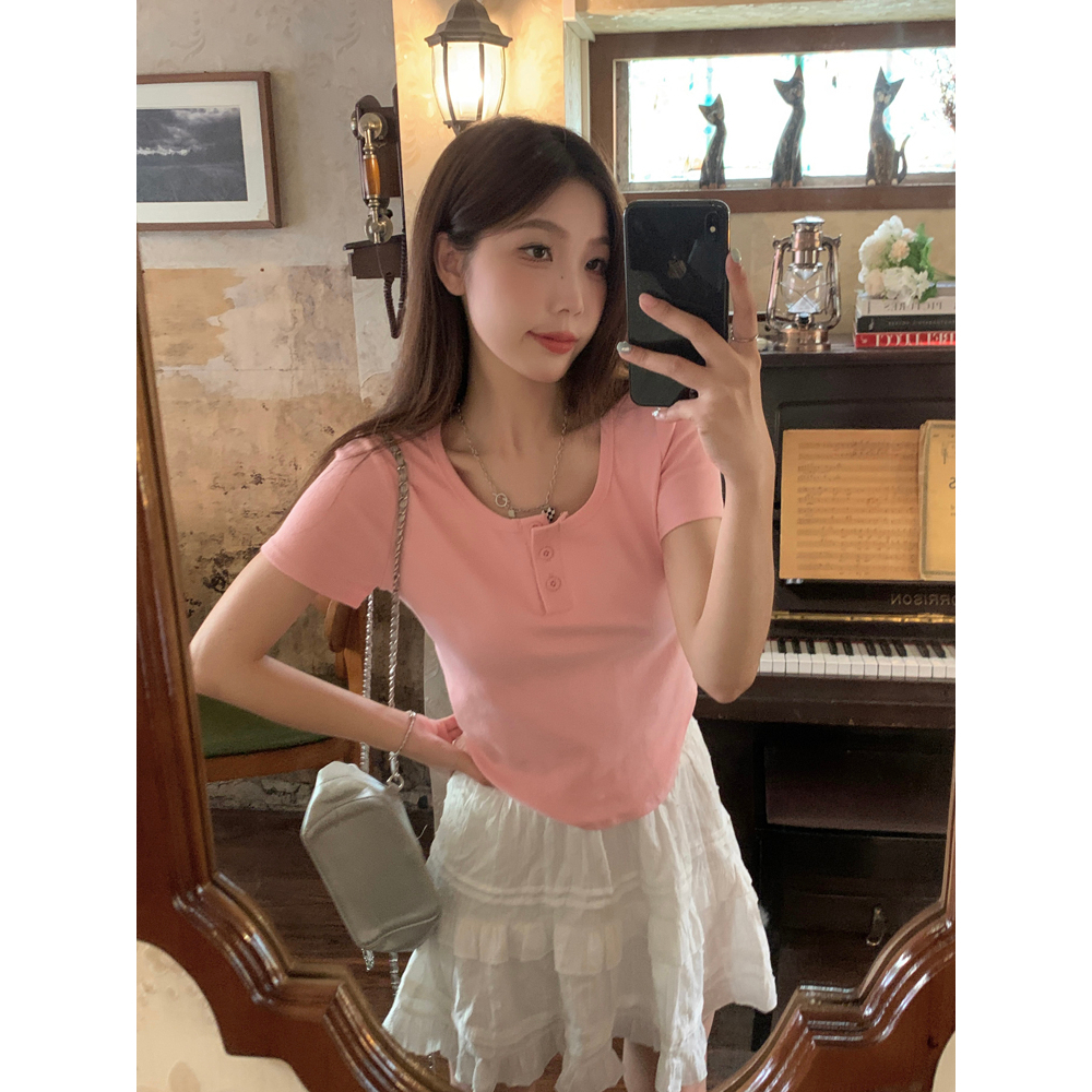 Áo Thun Tay Ngắn Cổ Tròn Dáng Ôm Phong Cách Hàn Quốc Thời Trang Cho Nữ