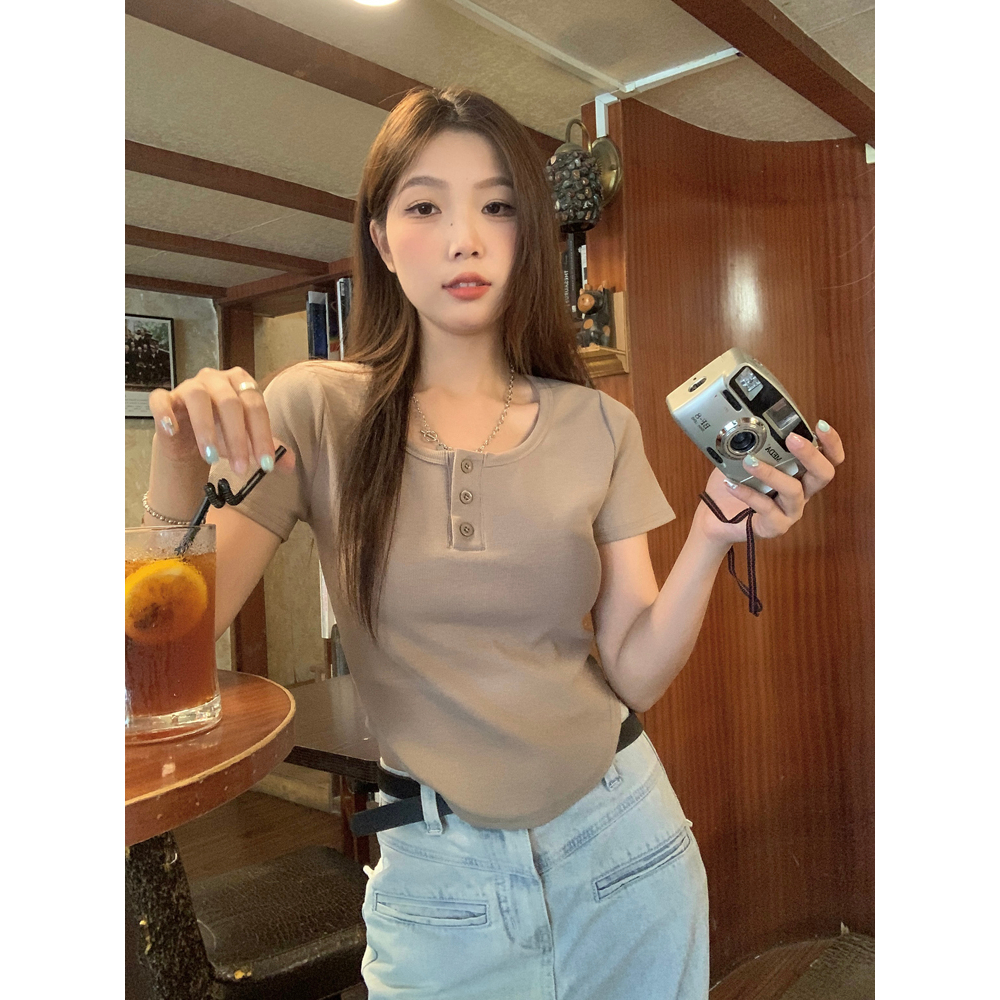Áo Thun Tay Ngắn Cổ Tròn Dáng Ôm Phong Cách Hàn Quốc Thời Trang Cho Nữ