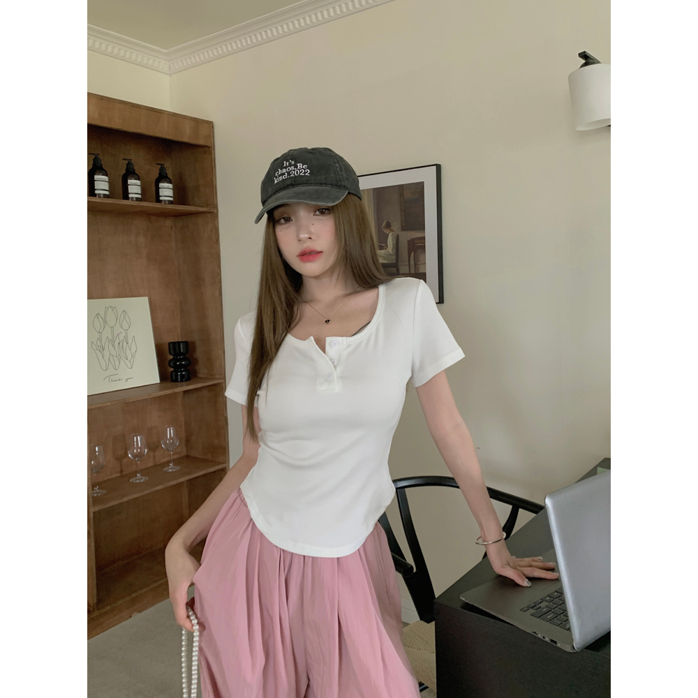 Áo Thun Tay Ngắn Cổ Tròn Dáng Ôm Phong Cách Hàn Quốc Thời Trang Cho Nữ
