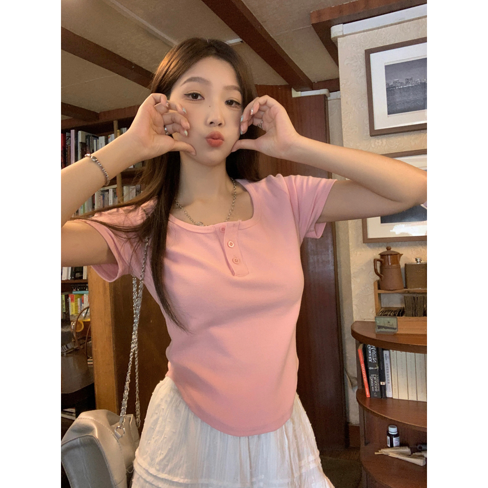 Áo Thun Tay Ngắn Cổ Tròn Dáng Ôm Phong Cách Hàn Quốc Thời Trang Cho Nữ