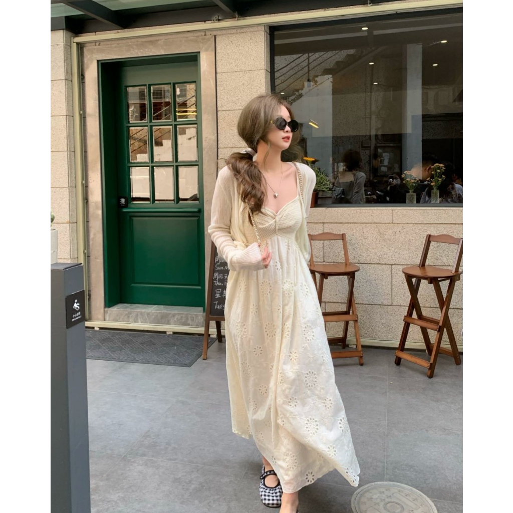 ZHELIHANGFEI Set Đầm Hai Dây Và Áo Khoác Thời Trang Pháp Thanh Lịch Cho Nữ