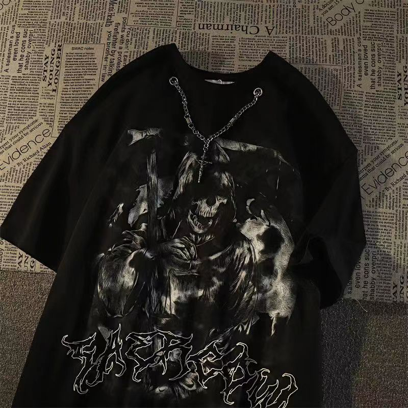 Áo Thun Tay Ngắn Dáng Rộng In Hình Đầu Lâu Phong Cách Hip Hop Đường Phố Mỹ Cho Nam Và Nữ Y2K