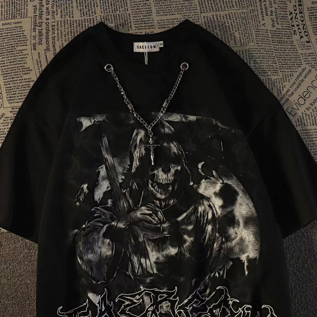 Áo Thun Tay Ngắn Dáng Rộng In Hình Đầu Lâu Phong Cách Hip Hop Đường Phố Mỹ Cho Nam Và Nữ Y2K