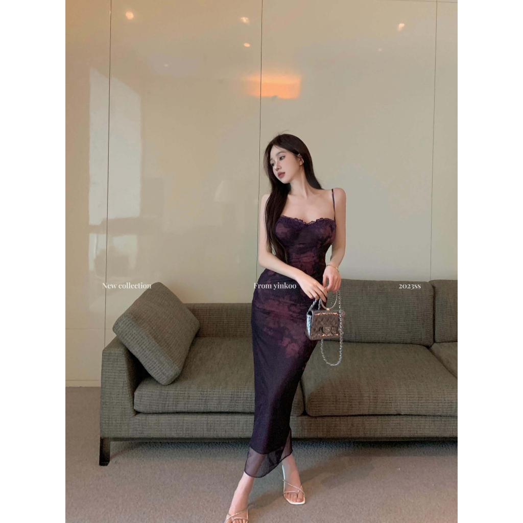 【COLORBLLIND】Đầm Hai Dây Dáng Dài Ôm Eo Họa Tiết Hoa Tím Xinh Xắn