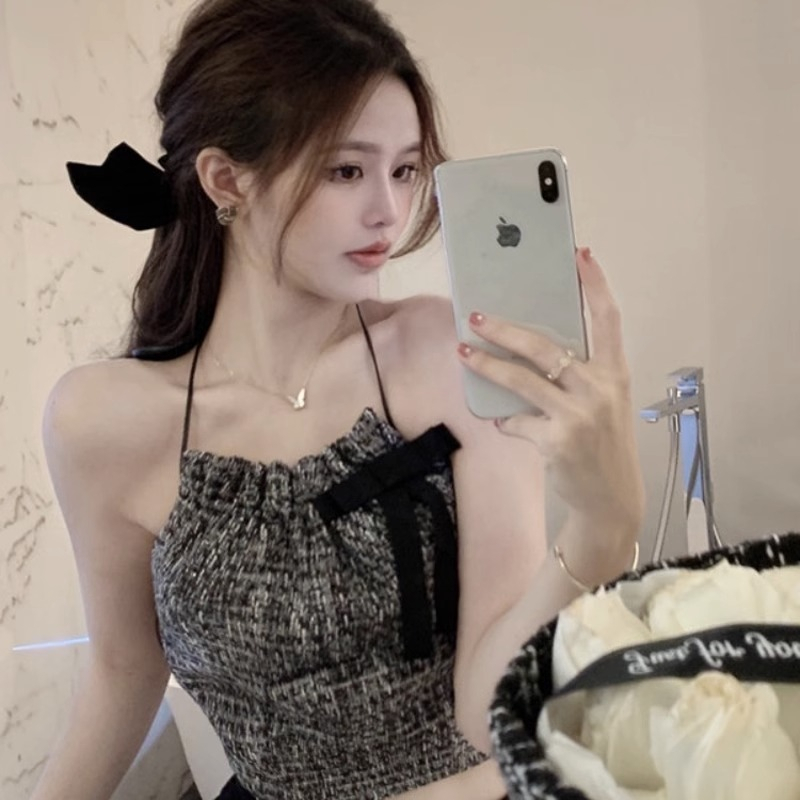 Áo Hai Dây Dệt Kim Cổ Yếm Đính Nơ Màu Trơn Kiểu retro Thời Trang Mùa Hè Cho Bạn Gái