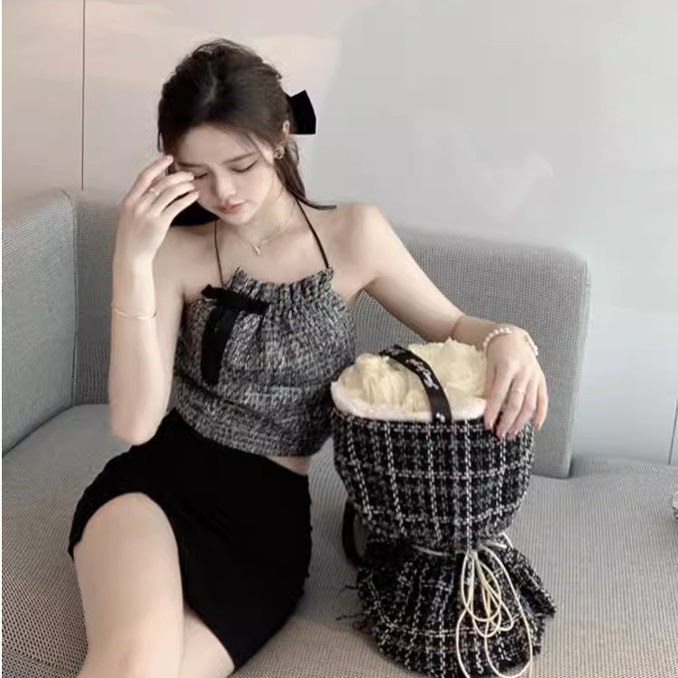 Áo Hai Dây Dệt Kim Cổ Yếm Đính Nơ Màu Trơn Kiểu retro Thời Trang Mùa Hè Cho Bạn Gái