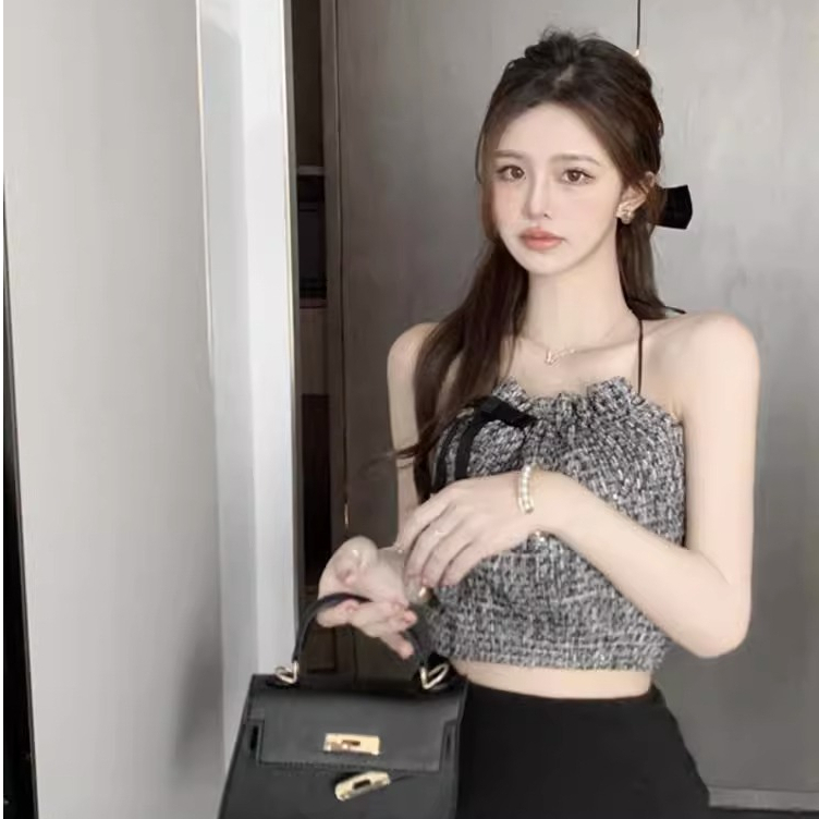 Áo Hai Dây Dệt Kim Cổ Yếm Đính Nơ Màu Trơn Kiểu retro Thời Trang Mùa Hè Cho Bạn Gái