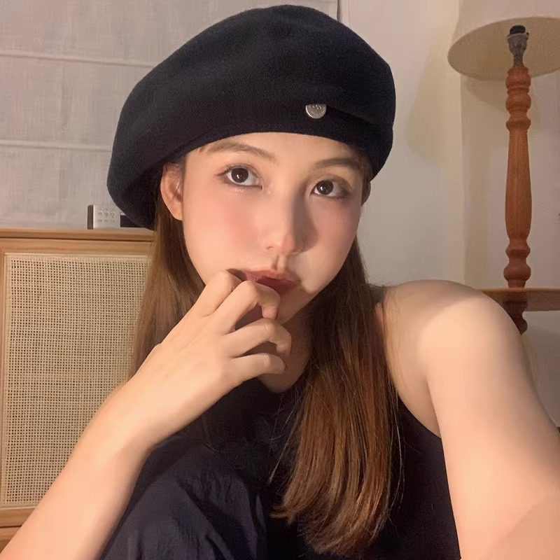 Mũ Beret Dệt Kim Mỏng Màu Đen Phong Cách Nhật Bản Cổ Điển Thời Trang Xuân Thu 2023 Cho Nữ