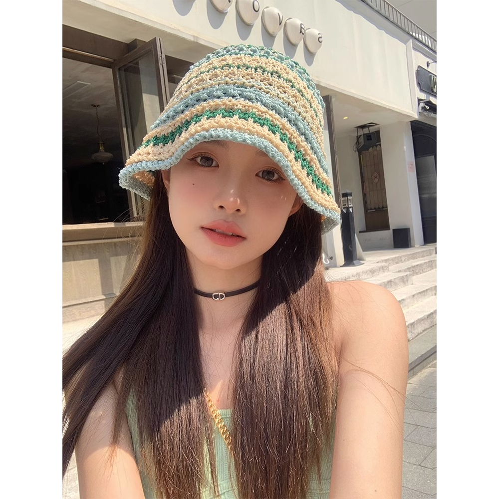 Nón Tai Bèo Đan Lát Họa Tiết Kẻ Sọc Màu Sắc Tương Phản Thời Trang Mới 2023 Cho Nữ