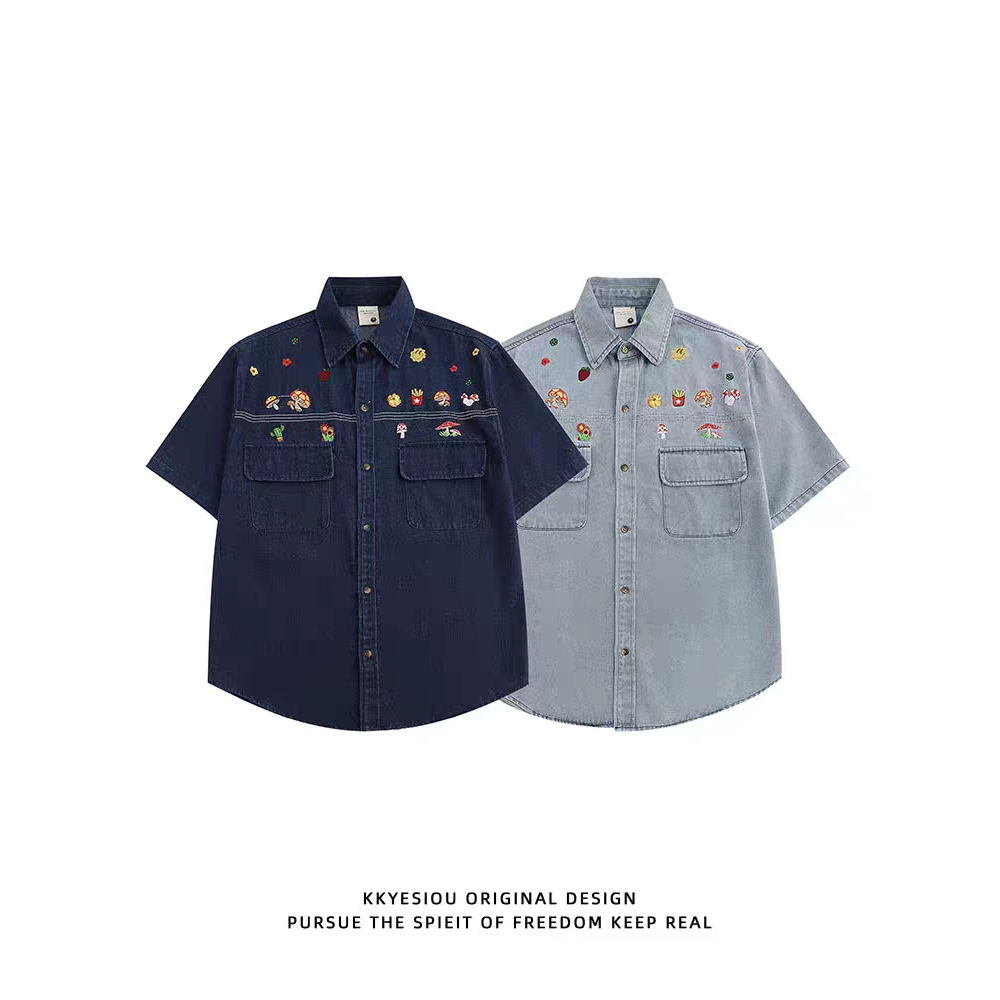 Áo Sơ Mi denim Mùa Hè 2023 Dáng Rộng Tay Cộc Thêu Họa Tiết Hoạt Hình Cổ Điển Cho Nam