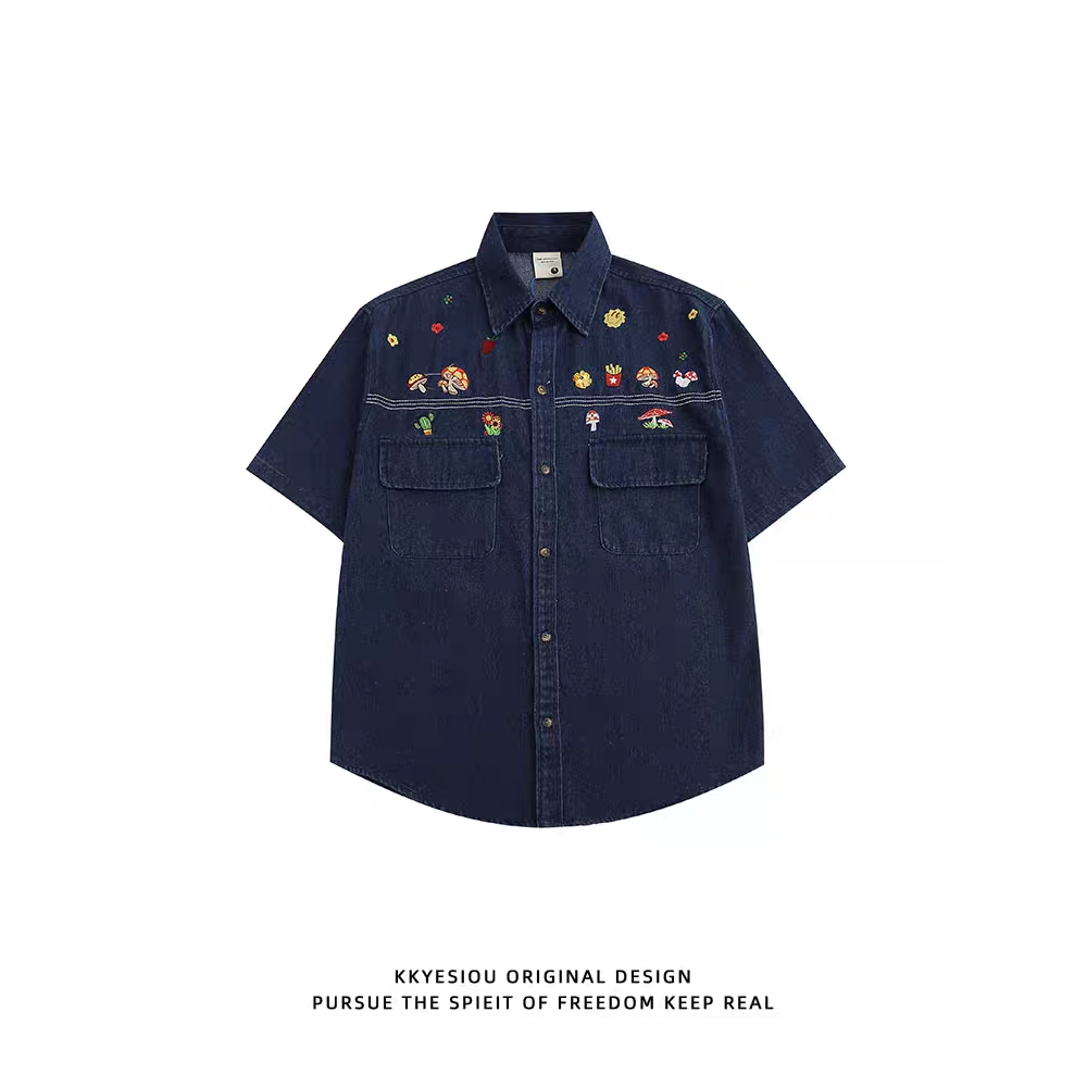 Áo Sơ Mi denim Mùa Hè 2023 Dáng Rộng Tay Cộc Thêu Họa Tiết Hoạt Hình Cổ Điển Cho Nam