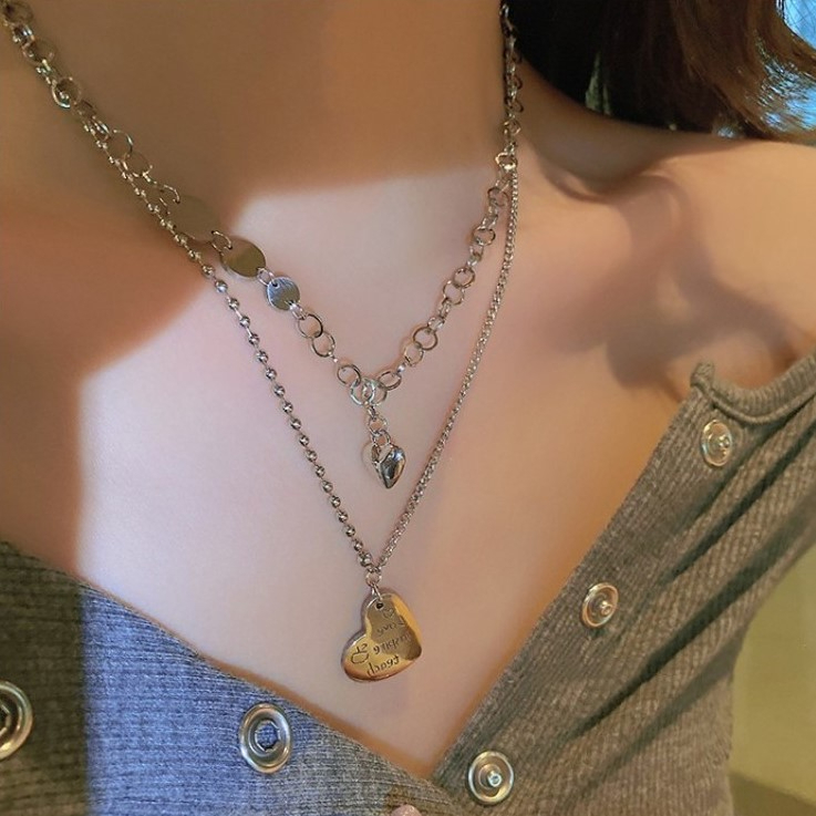 Vòng Cổ Hai Lớp Ghép Hình Trái Tim Màu Bạc Phong Cách hip hop Ngọt Ngào Thời Trang Cho Nữ Y2K