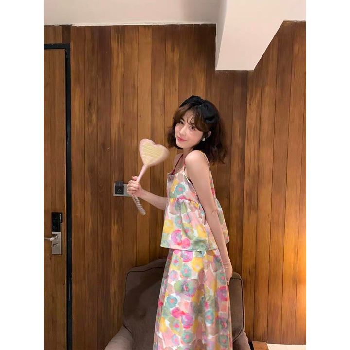 ZhuXia Set Áo Hai Dây + Chân Váy Lưng Cao Họa Tiết Tranh Sơn Dầu Thời Trang Mùa Hè Xinh Xắn Cho Nữ