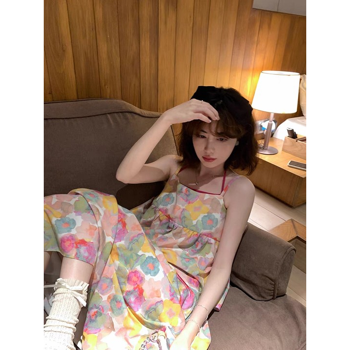 ZhuXia Set Áo Hai Dây + Chân Váy Lưng Cao Họa Tiết Tranh Sơn Dầu Thời Trang Mùa Hè Xinh Xắn Cho Nữ