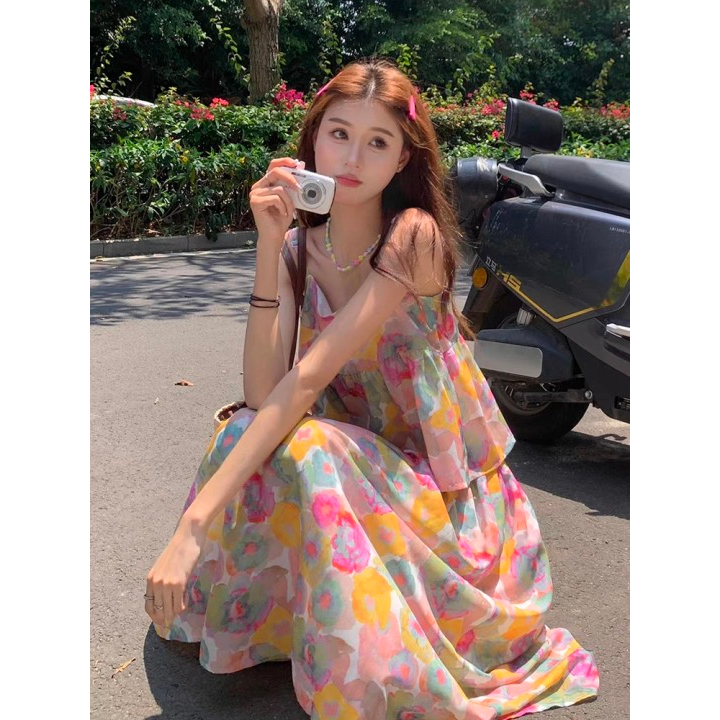 ZhuXia Set Áo Hai Dây + Chân Váy Lưng Cao Họa Tiết Tranh Sơn Dầu Thời Trang Mùa Hè Xinh Xắn Cho Nữ