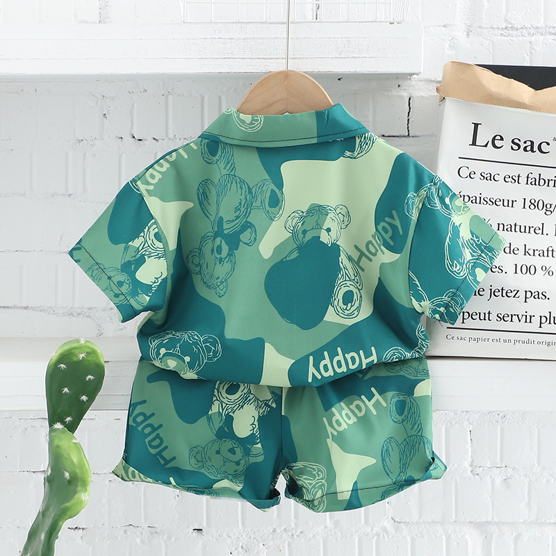 Set Đồ 2 Món Gồm Áo Sơ Mi Tay Cộc In Họa Tiết Hoạt Hình + Quần Jeans Cho Bé Trai