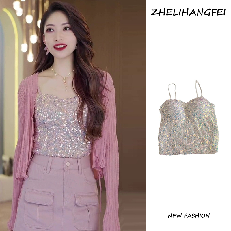 ZHELIHANGFEI Áo Hai Dây Ôm Dáng Vừa Vặn Đính Kim Sa Lấp Lánh Công Nghiệp Gợi Cảm Cho Nữ Với Che