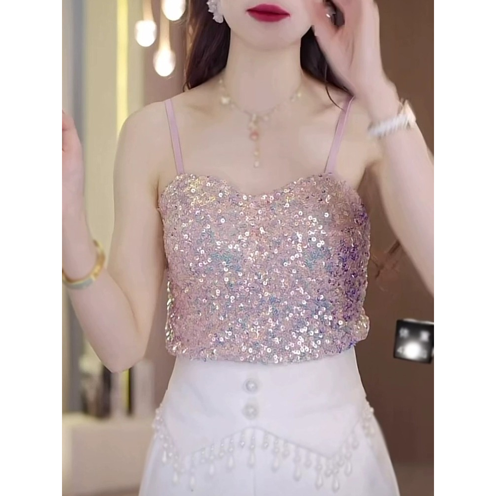 ZHELIHANGFEI Áo Hai Dây Ôm Dáng Vừa Vặn Đính Kim Sa Lấp Lánh Công Nghiệp Gợi Cảm Cho Nữ Với Che