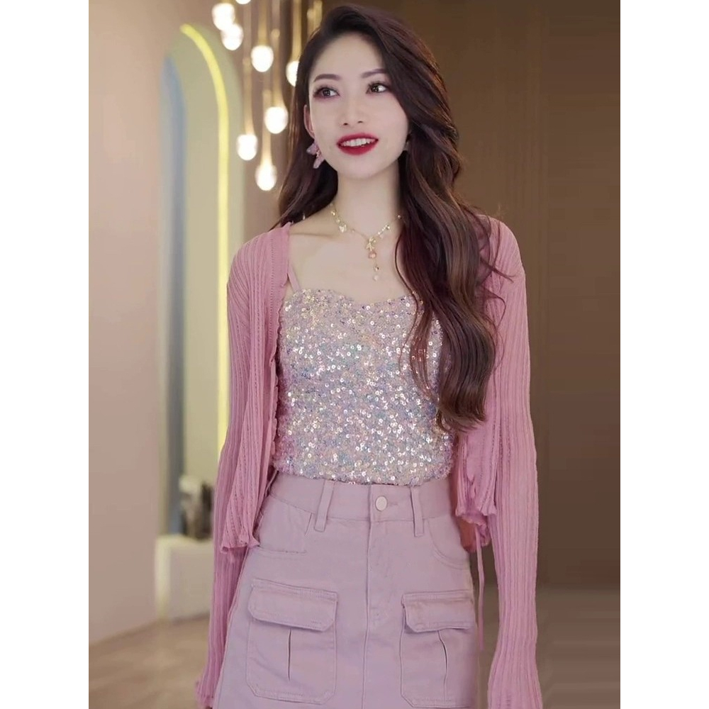 ZHELIHANGFEI Áo Hai Dây Ôm Dáng Vừa Vặn Đính Kim Sa Lấp Lánh Công Nghiệp Gợi Cảm Cho Nữ Với Che