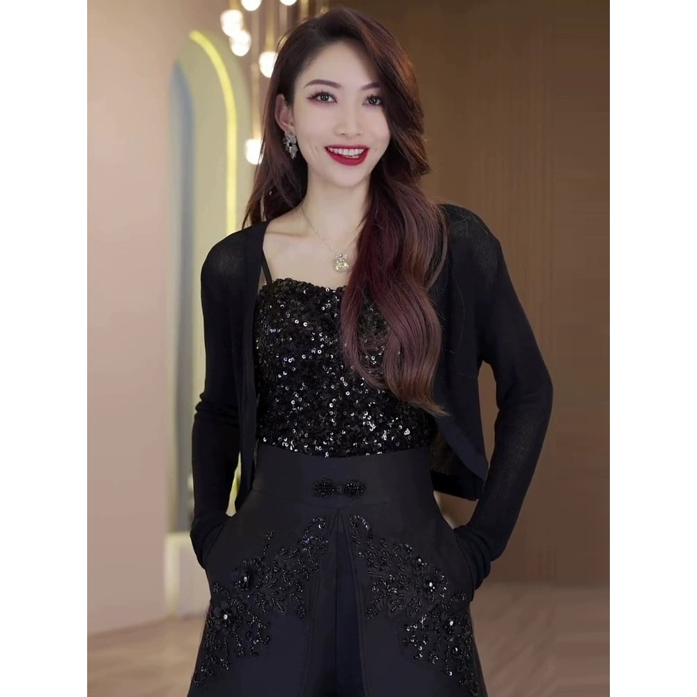 ZHELIHANGFEI Áo Hai Dây Ôm Dáng Vừa Vặn Đính Kim Sa Lấp Lánh Công Nghiệp Gợi Cảm Cho Nữ Với Che