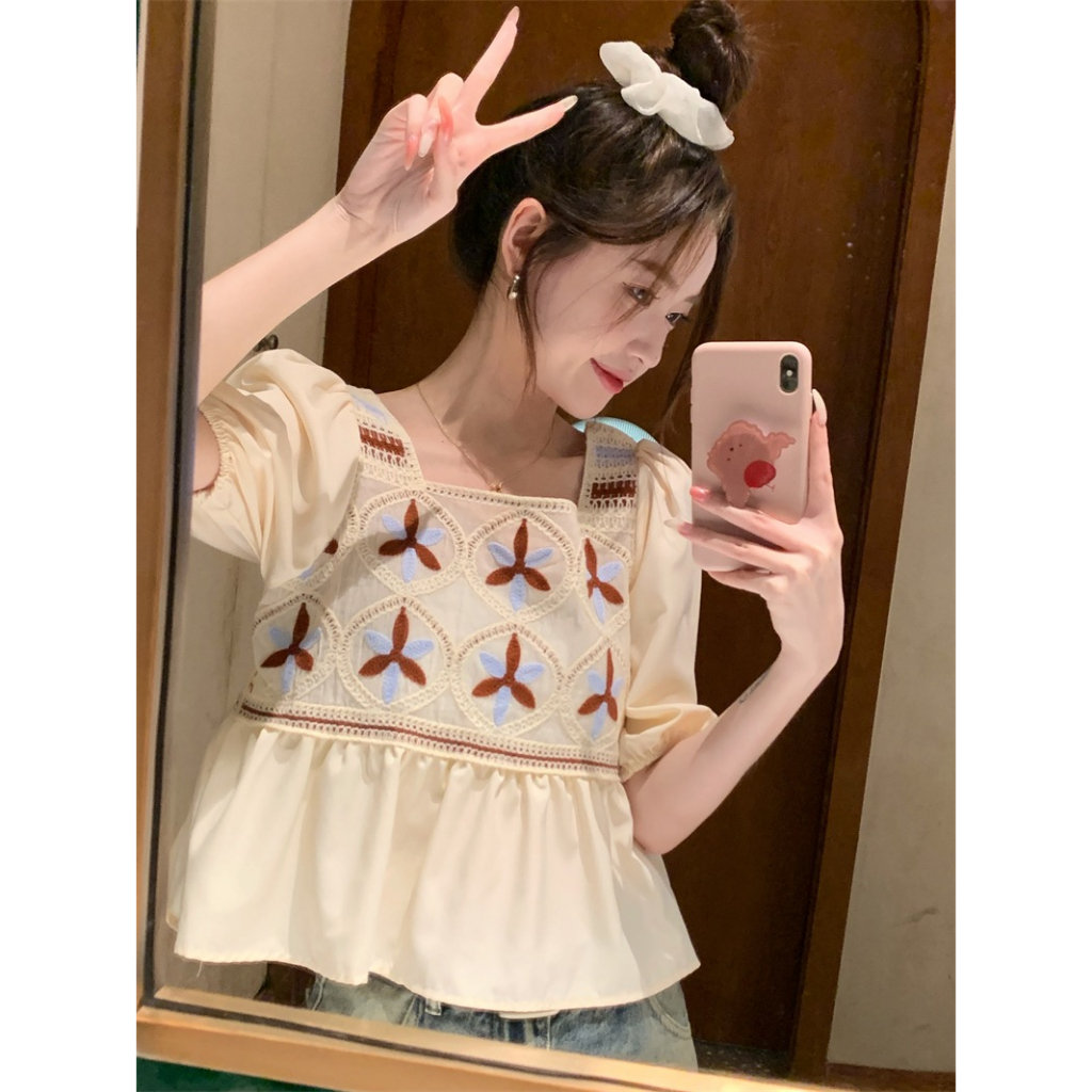 ZHELIHANGFEI Áo Sơ Mi Ngắn Tay Cổ Vuông Phong Cách Pháp Thời Trang Mùa Hè Hàng Mới