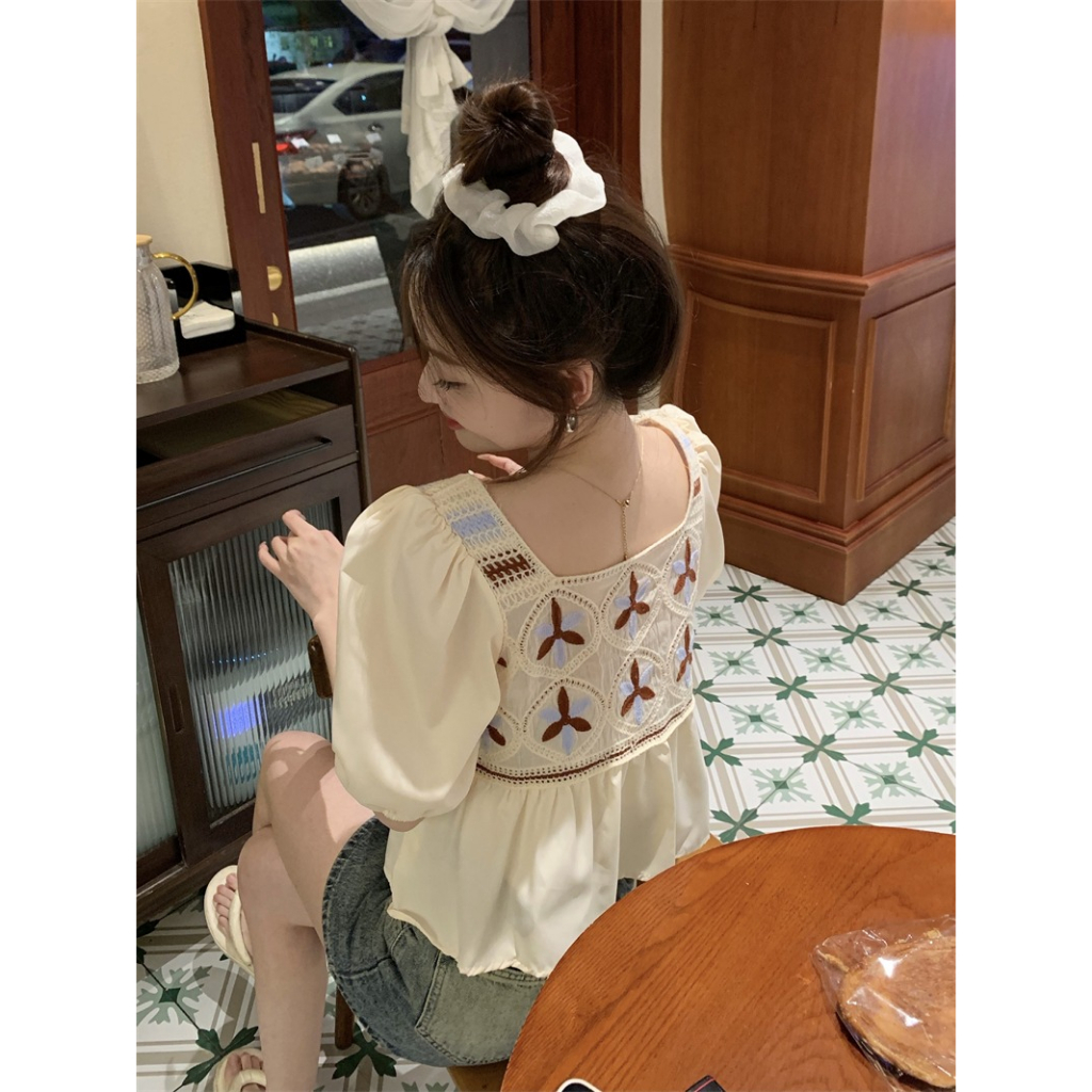 ZHELIHANGFEI Áo Sơ Mi Ngắn Tay Cổ Vuông Phong Cách Pháp Thời Trang Mùa Hè Hàng Mới