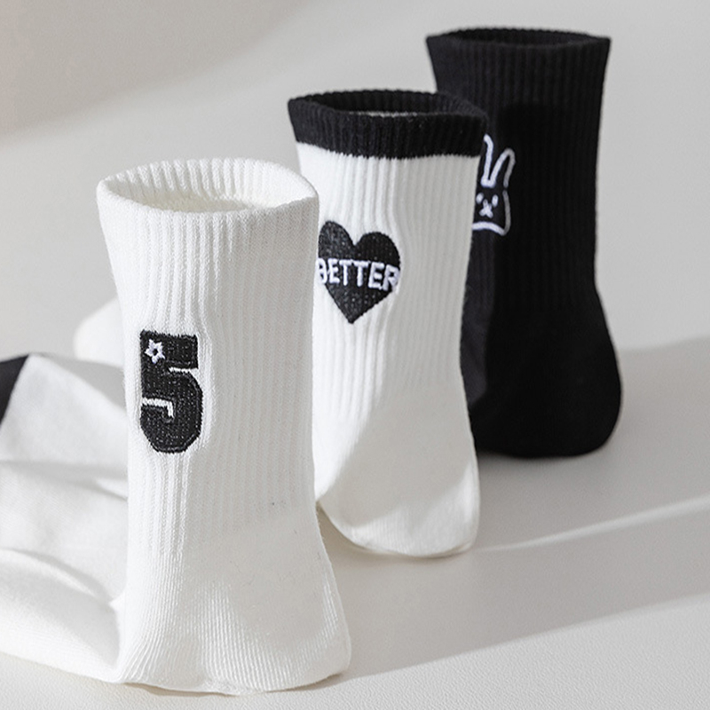 FHYL Vớ Cotton Mỏng Cổ Vừa Thêu Họa Tiết Màu Trắng Đen Phong Cách Hàn Quốc Thời Trang Mùa Hè Cho Nữ