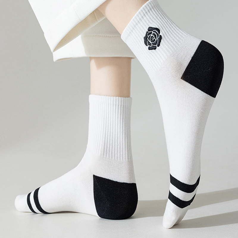 FHYL Vớ Cotton Mỏng Cổ Vừa Thêu Họa Tiết Màu Trắng Đen Phong Cách Hàn Quốc Thời Trang Mùa Hè Cho Nữ