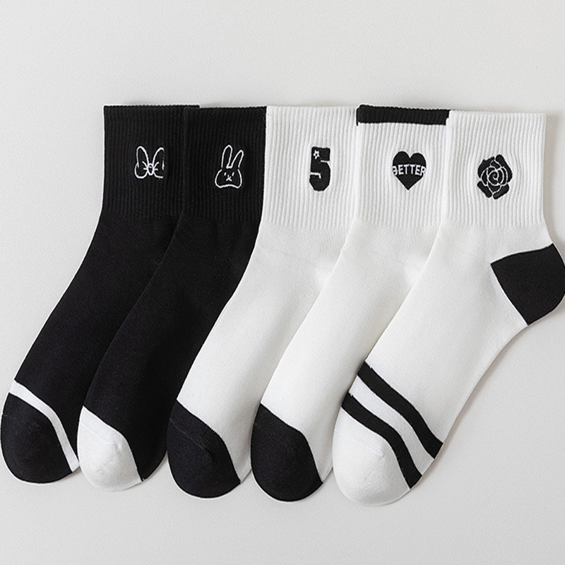 FHYL Vớ Cotton Mỏng Cổ Vừa Thêu Họa Tiết Màu Trắng Đen Phong Cách Hàn Quốc Thời Trang Mùa Hè Cho Nữ