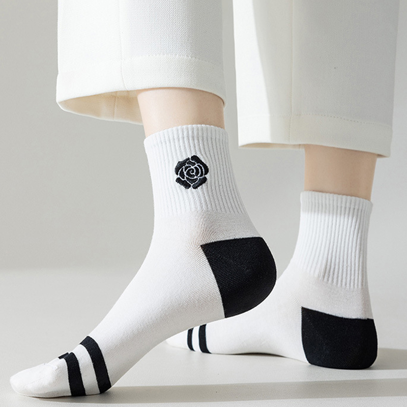 FHYL Vớ Cotton Mỏng Cổ Vừa Thêu Họa Tiết Màu Trắng Đen Phong Cách Hàn Quốc Thời Trang Mùa Hè Cho Nữ