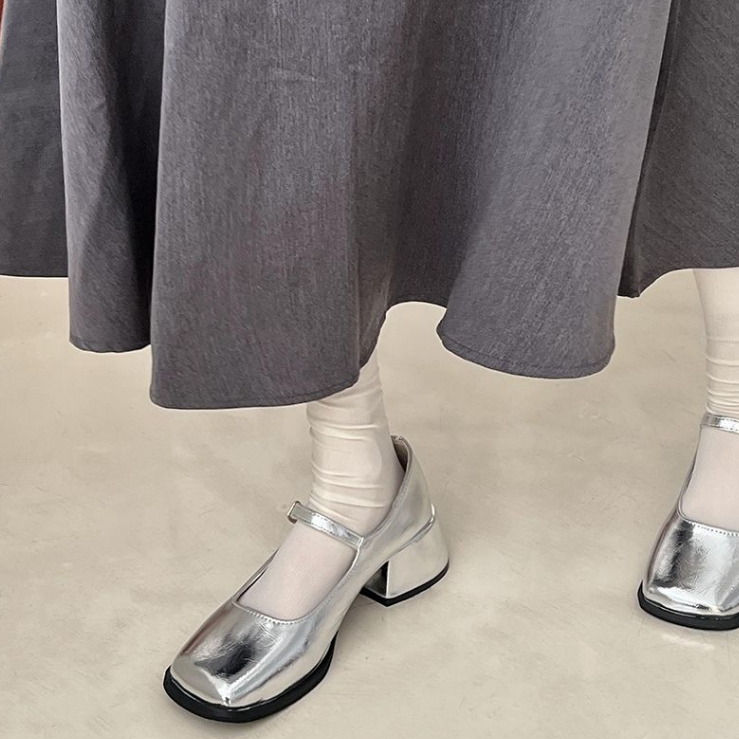 Giày Búp Bê Gót Dày Mũi Vuông Màu Bạc Phong Cách retro Pháp Thời Trang  Mới Cho Nữ