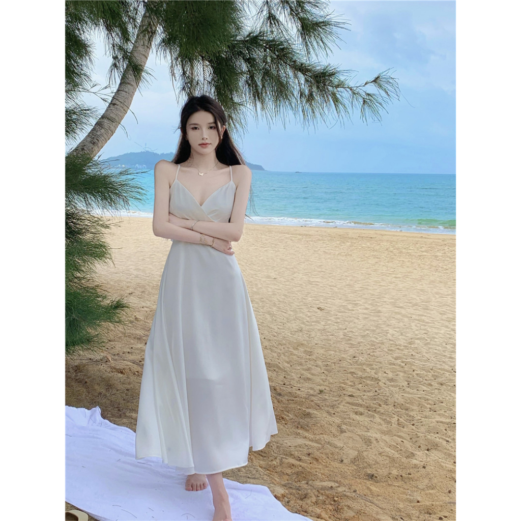 Cocory vn Đầm Maxi Trắng Dài Lưng Cao Cổ Chữ V Hở Lưng Quyến Rũ Kiểu Pháp Cho Nữ (S-XL)