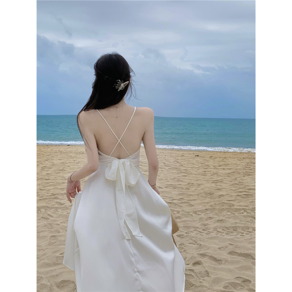 Cocory vn Đầm Maxi Trắng Dài Lưng Cao Cổ Chữ V Hở Lưng Quyến Rũ Kiểu Pháp Cho Nữ (S-XL)