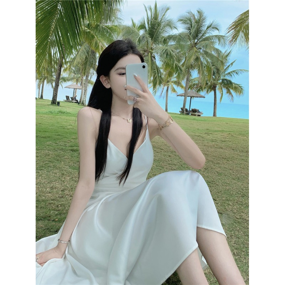 Cocory vn Đầm Maxi Trắng Dài Lưng Cao Cổ Chữ V Hở Lưng Quyến Rũ Kiểu Pháp Cho Nữ (S-XL)
