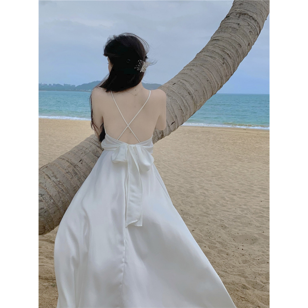 Cocory vn Đầm Maxi Trắng Dài Lưng Cao Cổ Chữ V Hở Lưng Quyến Rũ Kiểu Pháp Cho Nữ (S-XL)