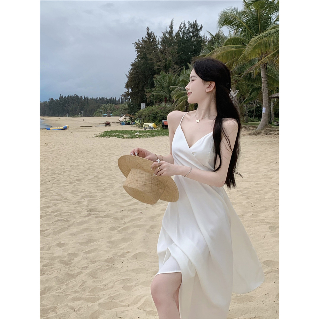 Cocory vn Đầm Maxi Trắng Dài Lưng Cao Cổ Chữ V Hở Lưng Quyến Rũ Kiểu Pháp Cho Nữ (S-XL)