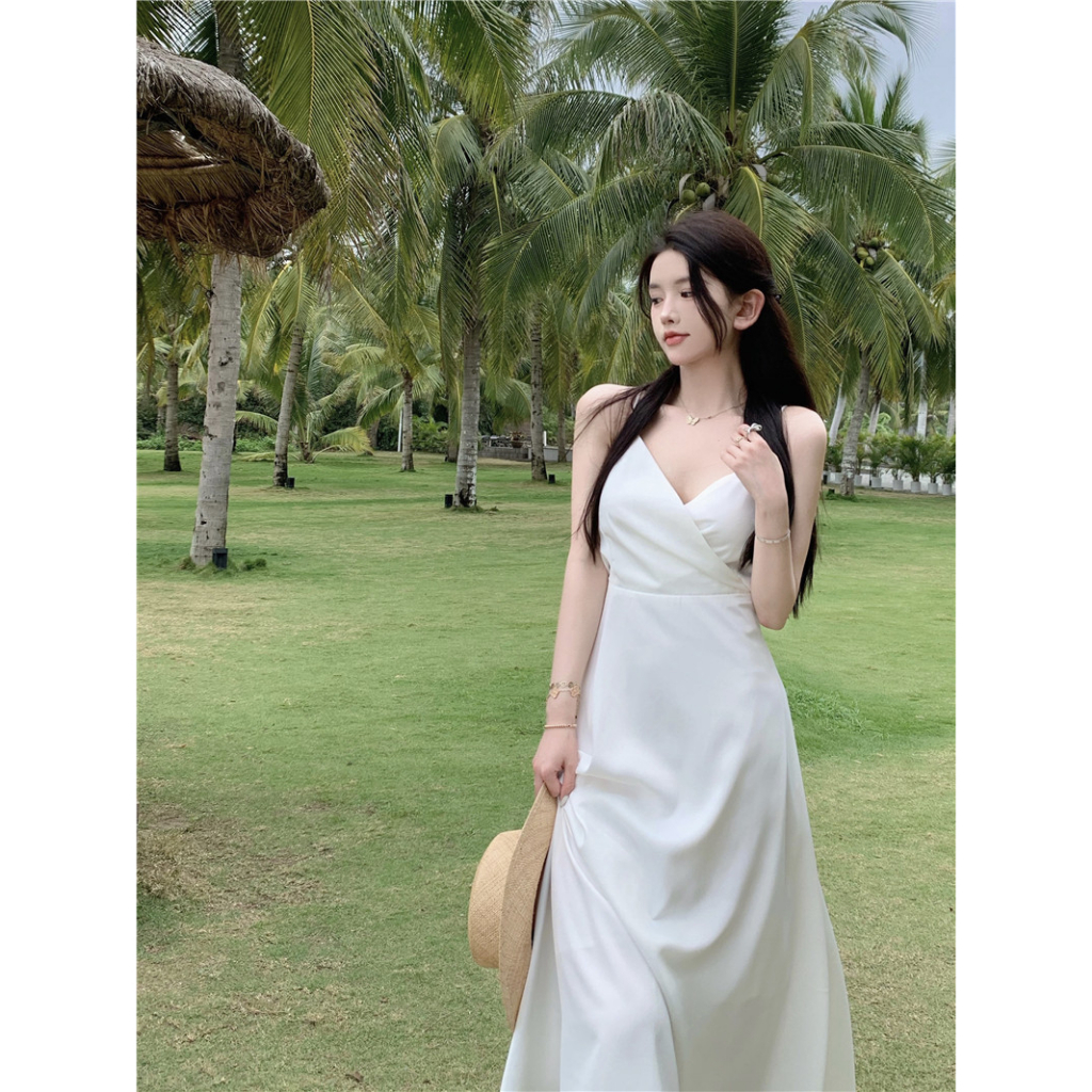 Cocory vn Đầm Maxi Trắng Dài Lưng Cao Cổ Chữ V Hở Lưng Quyến Rũ Kiểu Pháp Cho Nữ (S-XL)