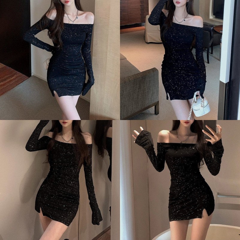 Đầm Dài Tay Hở Vai Màu Đen Đính Đá Thời Trang Dành Cho Nữ